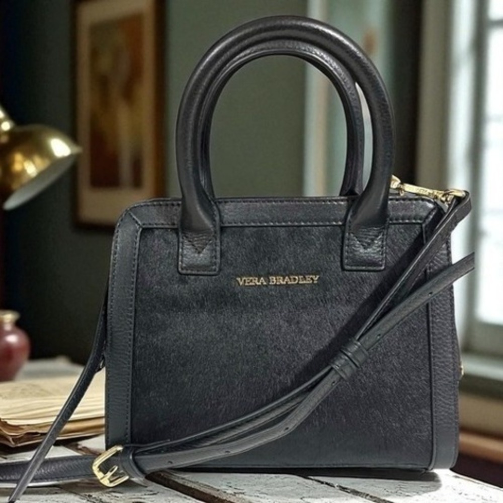 Vera Bradley Natalie Satchel Crossbody‎ Bag Black Leather Mini Top Handle Purse